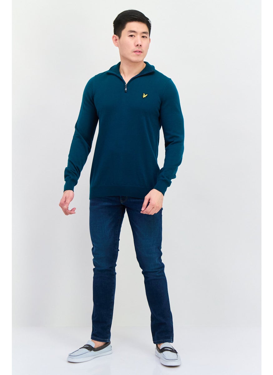 Men Mock Neck Embroidered Logo Knitted Sweater, Green