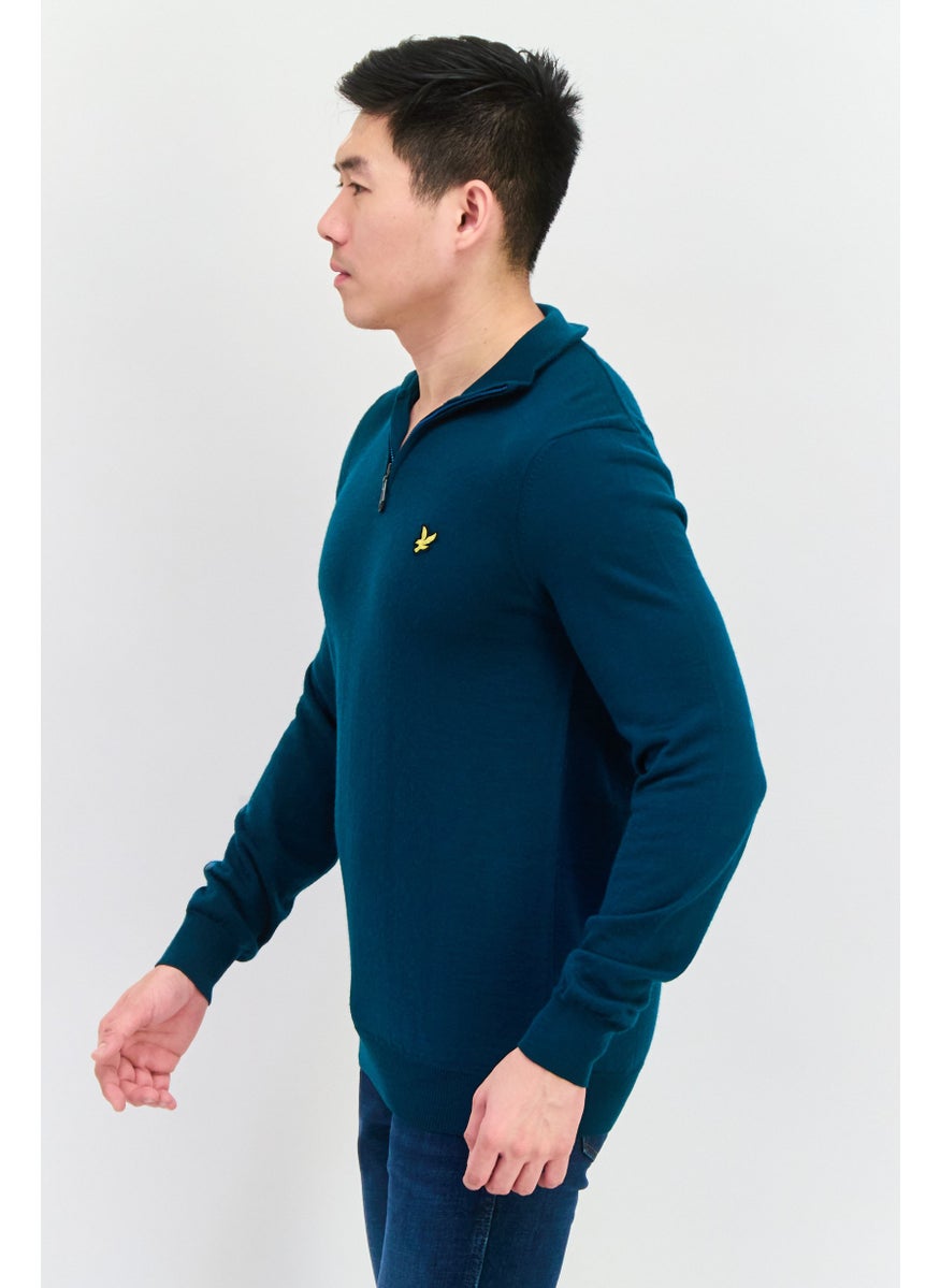 Men Mock Neck Embroidered Logo Knitted Sweater, Green