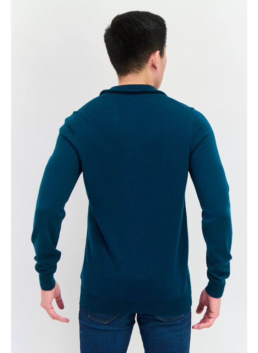 Men Mock Neck Embroidered Logo Knitted Sweater, Green