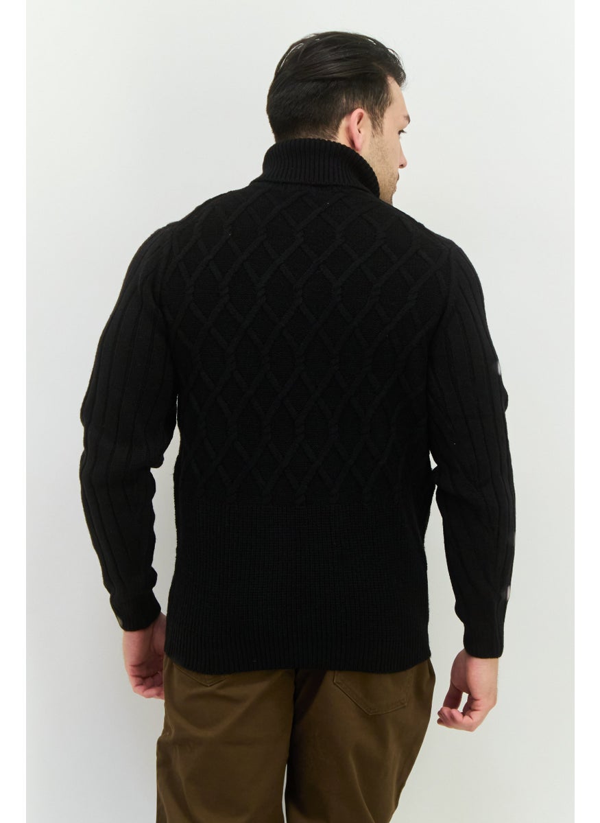 Men Turtle Neck Pointelle Long Sleeves Sweater, Black