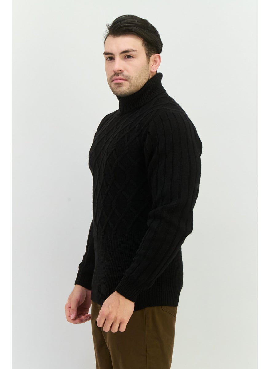 Men Turtle Neck Pointelle Long Sleeves Sweater, Black