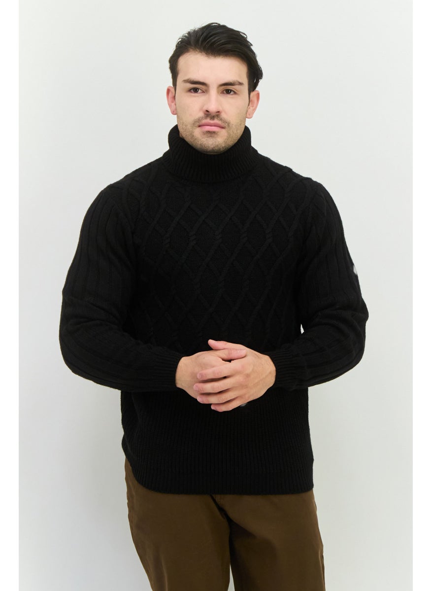 Men Turtle Neck Pointelle Long Sleeves Sweater, Black