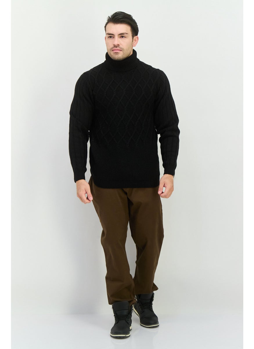 Men Turtle Neck Pointelle Long Sleeves Sweater, Black