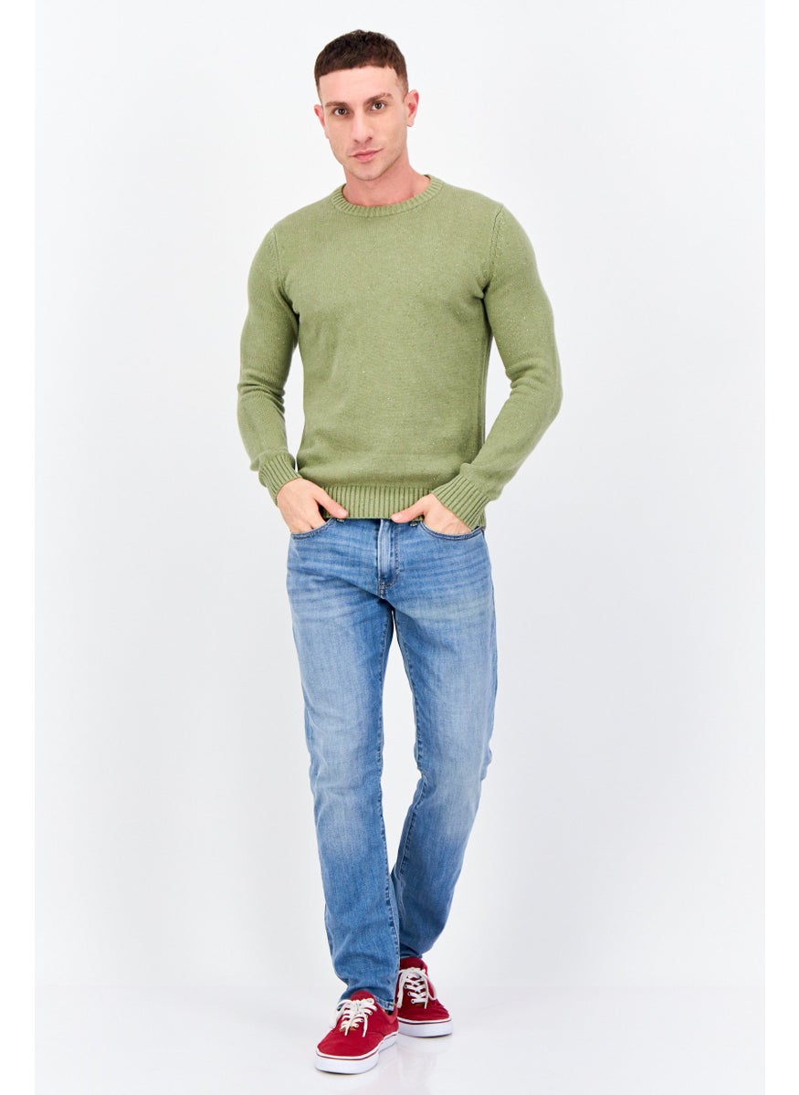 Men Ribbed Neck Knitted Sweater, Olive