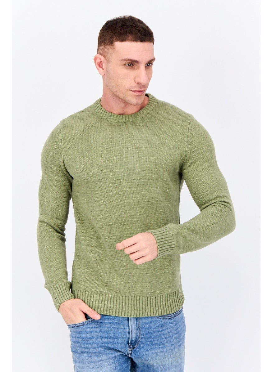 Men Ribbed Neck Knitted Sweater, Olive
