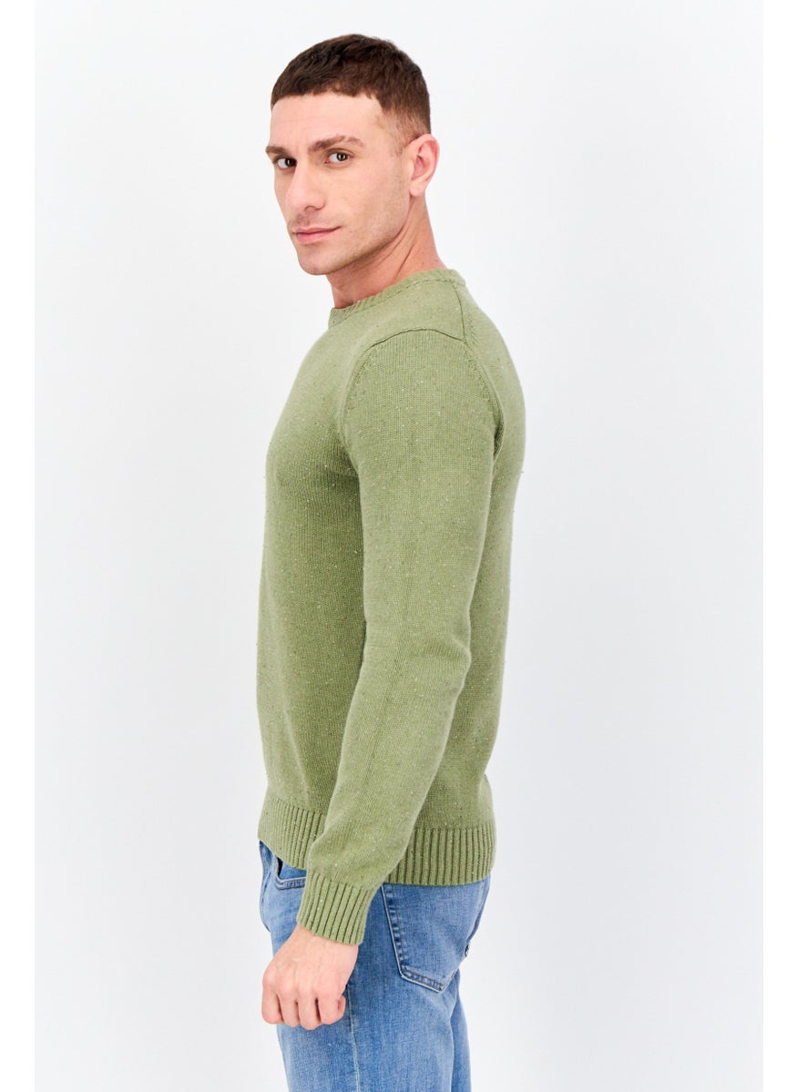 Men Ribbed Neck Knitted Sweater, Olive