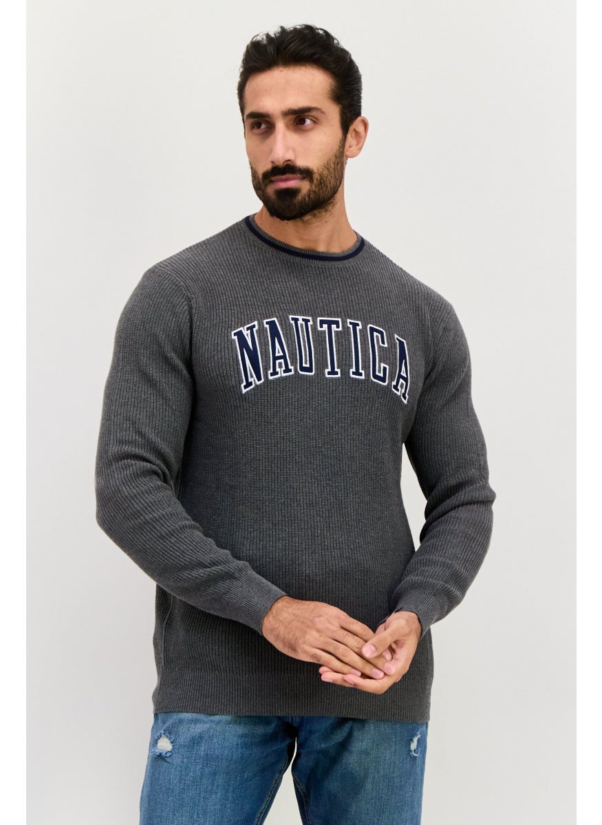 Men Crew Neck Embroidered Logo Long Sleeve Sweater, Grey