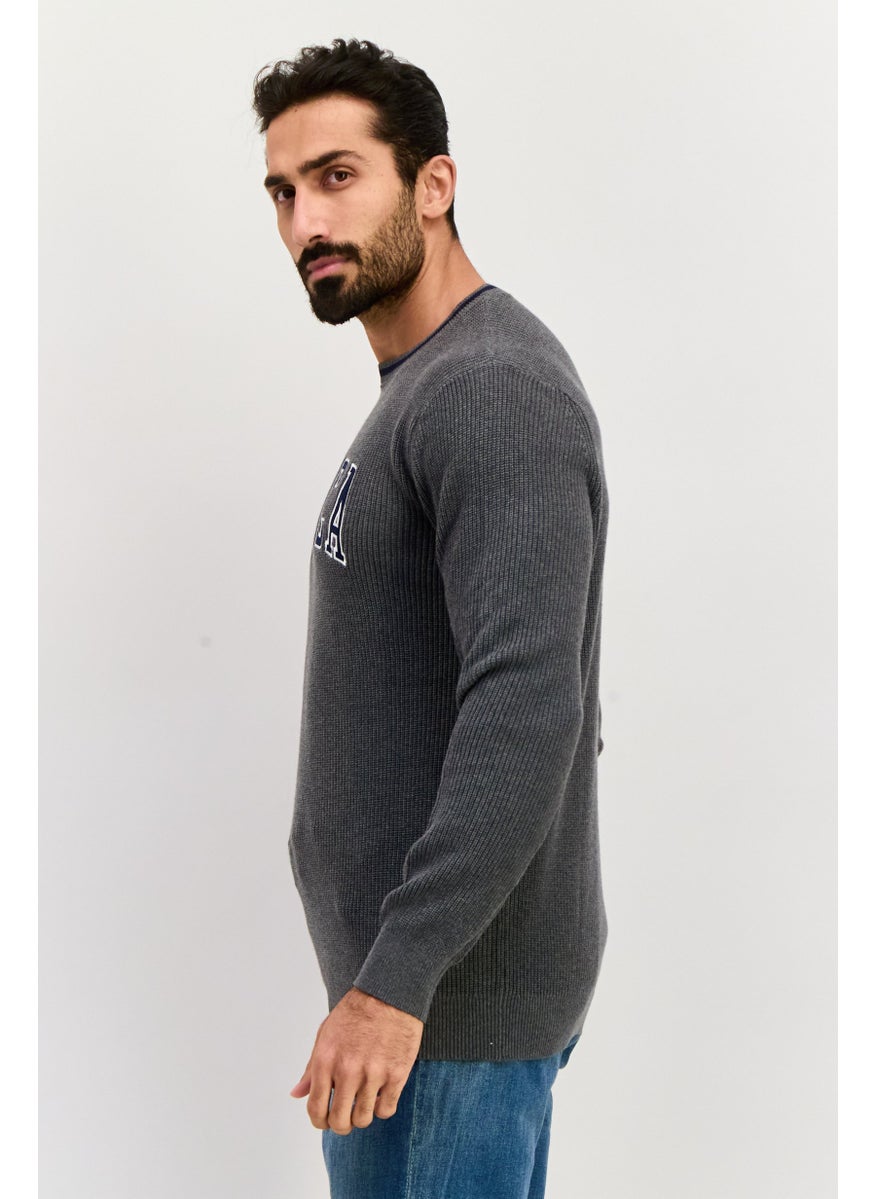 Men Crew Neck Embroidered Logo Long Sleeve Sweater, Grey