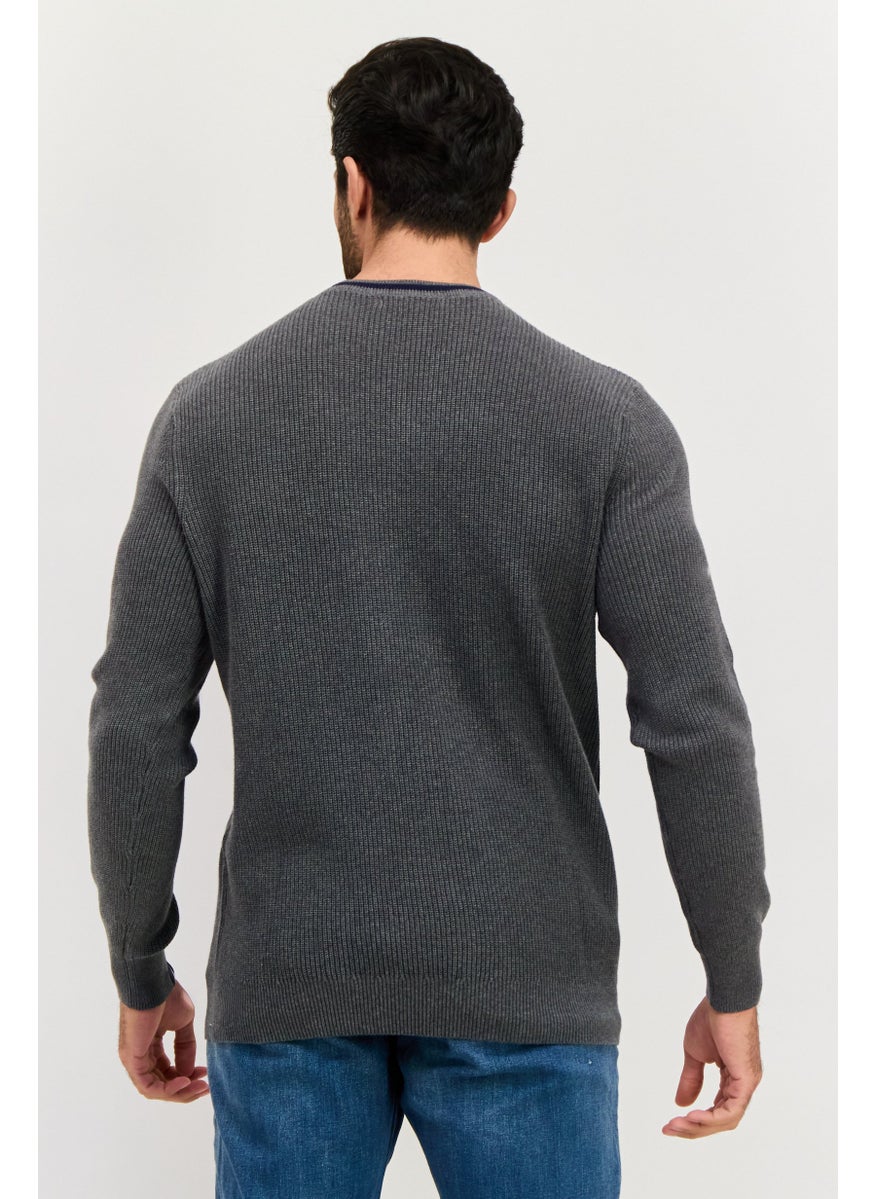 Men Crew Neck Embroidered Logo Long Sleeve Sweater, Grey