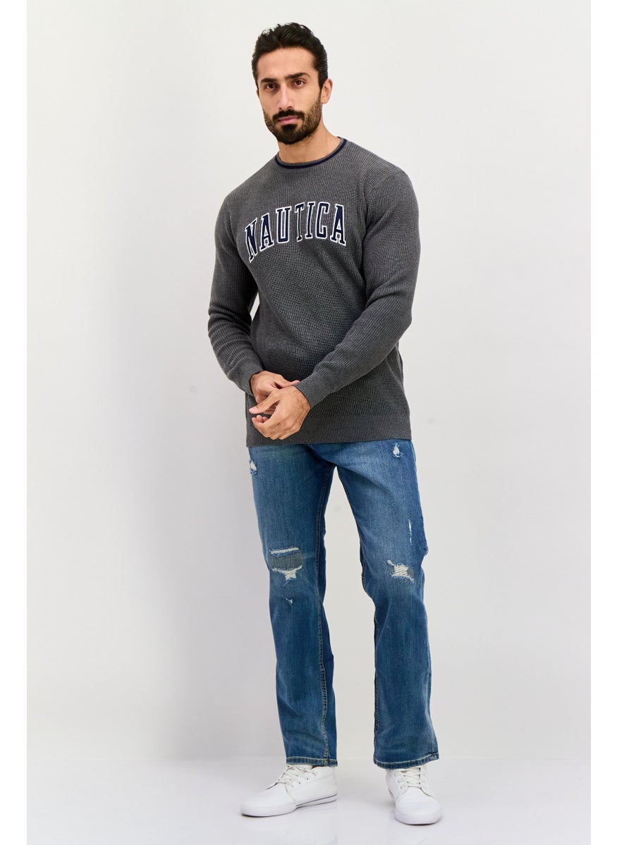 Men Crew Neck Embroidered Logo Long Sleeve Sweater, Grey