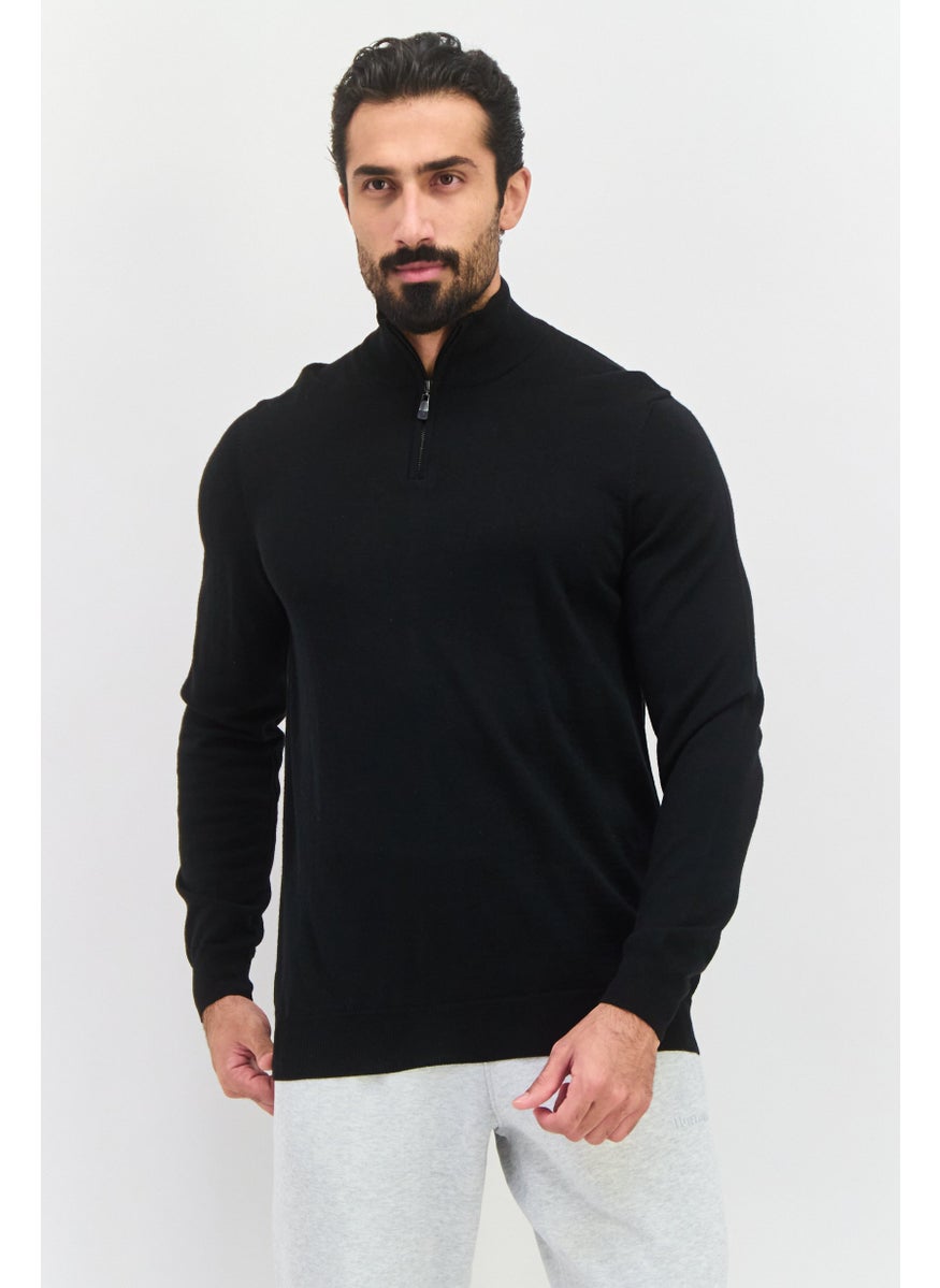 Men High Neck Long Sleeve  Knitted  Sweater, Black