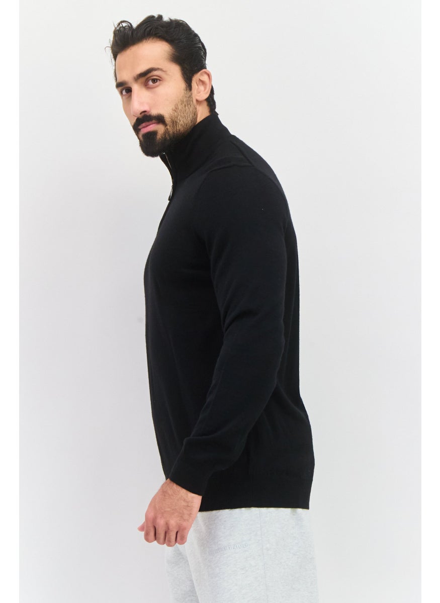 Men High Neck Long Sleeve  Knitted  Sweater, Black
