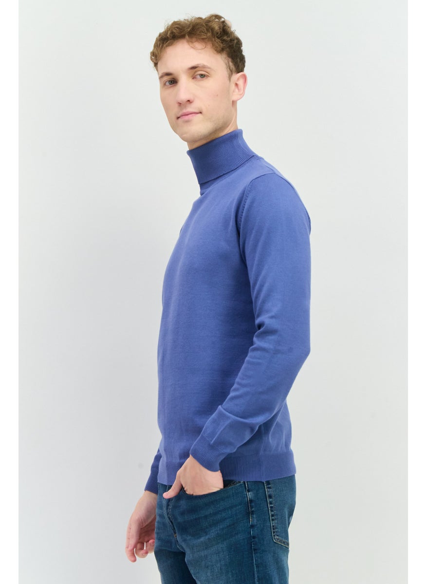 Men Turtle Neck Long Sleeve Plain Sweater, Slate Blue