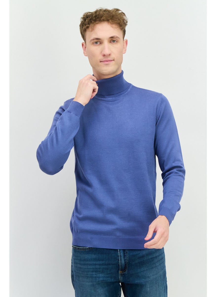 Men Turtle Neck Long Sleeve Plain Sweater, Slate Blue