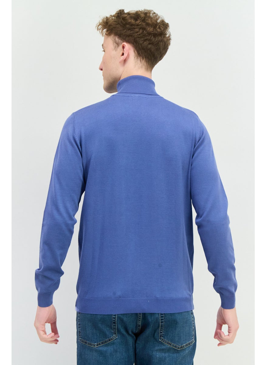 Men Turtle Neck Long Sleeve Plain Sweater, Slate Blue