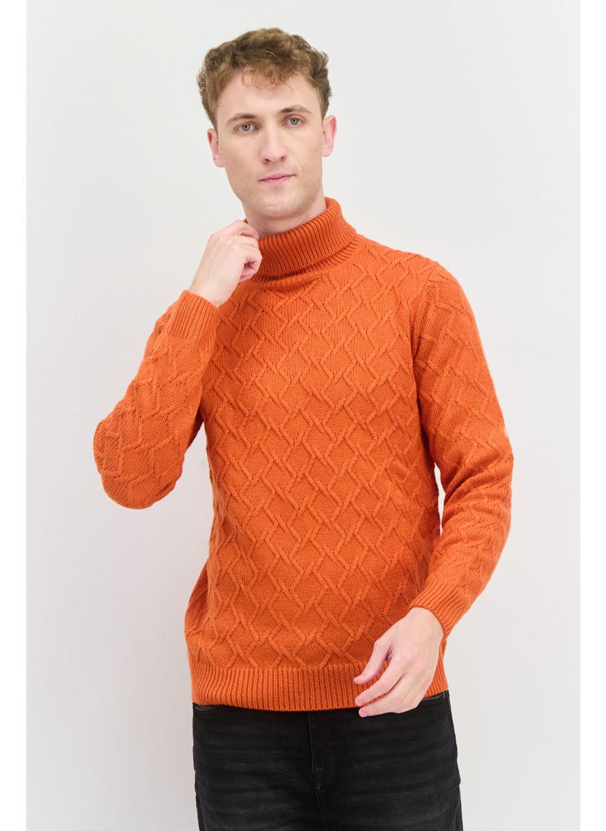 Men Funnel Neck Pointelle Sweater, Orange