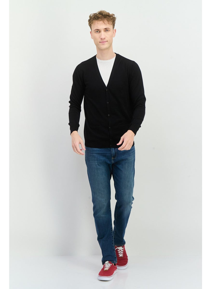 Men V-Neck Long Sleeve Knitted Cardigan, Black