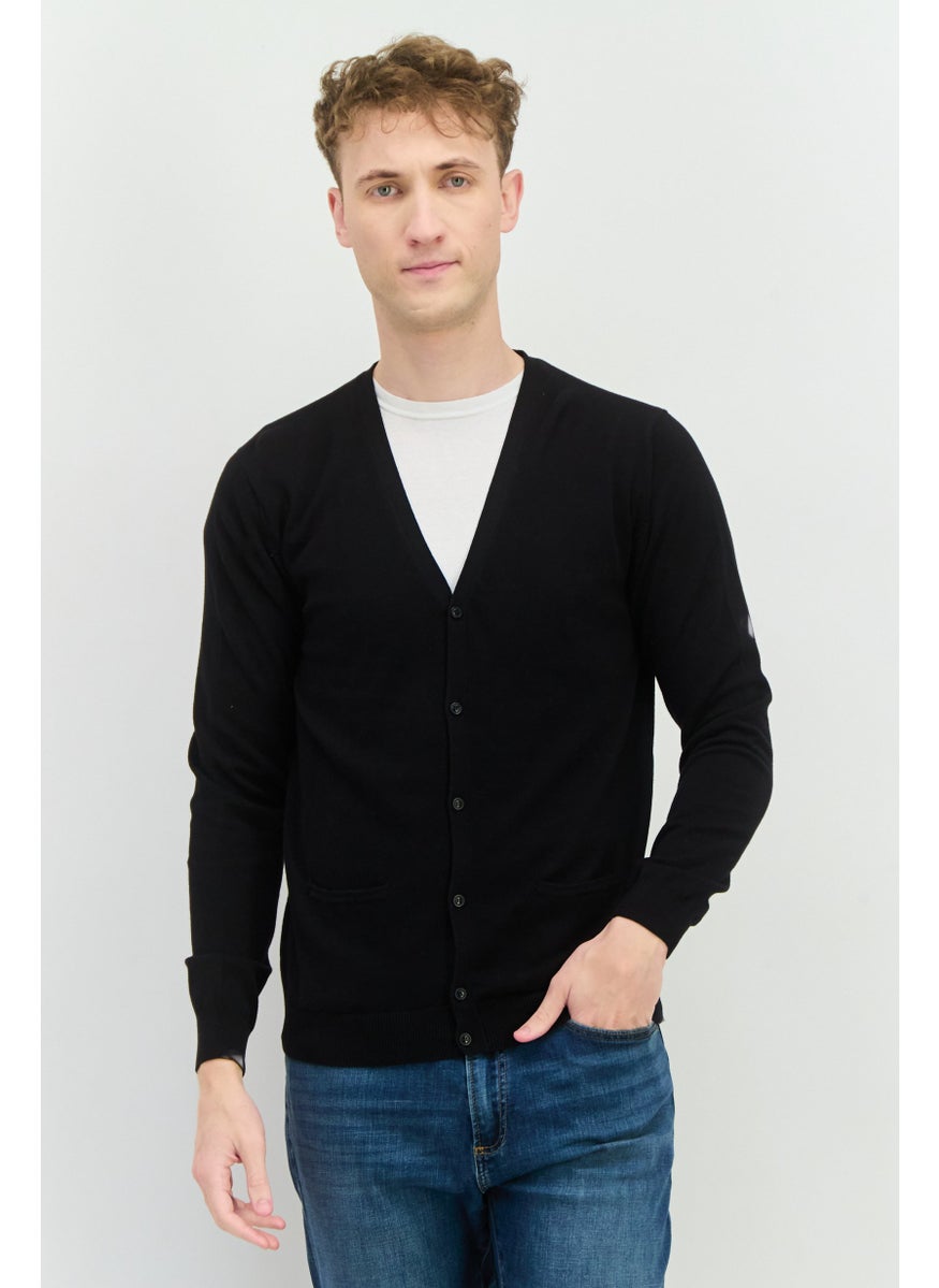 Men V-Neck Long Sleeve Knitted Cardigan, Black