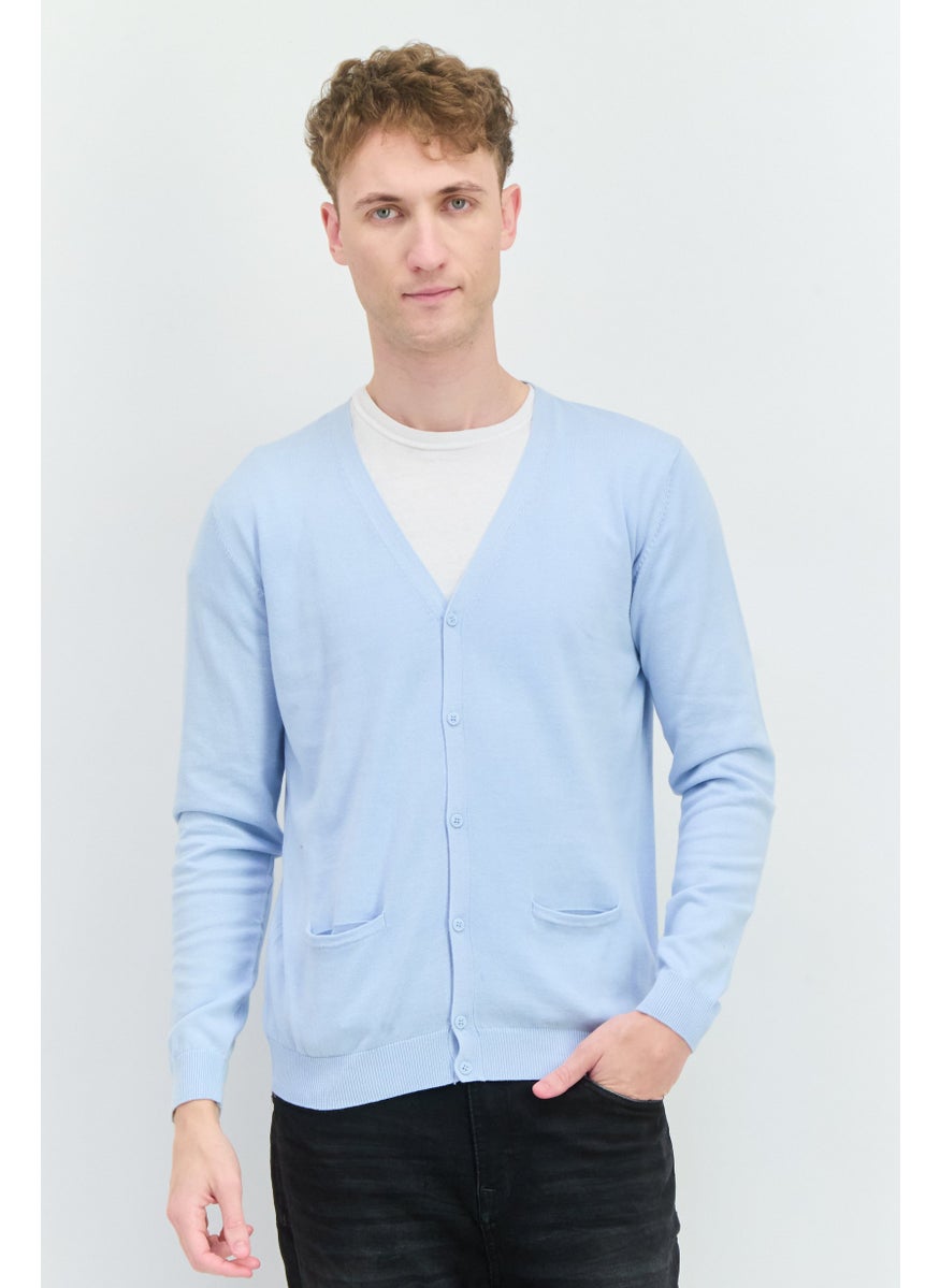 Men V-Neck Ribbed Cardigan, Light Blue