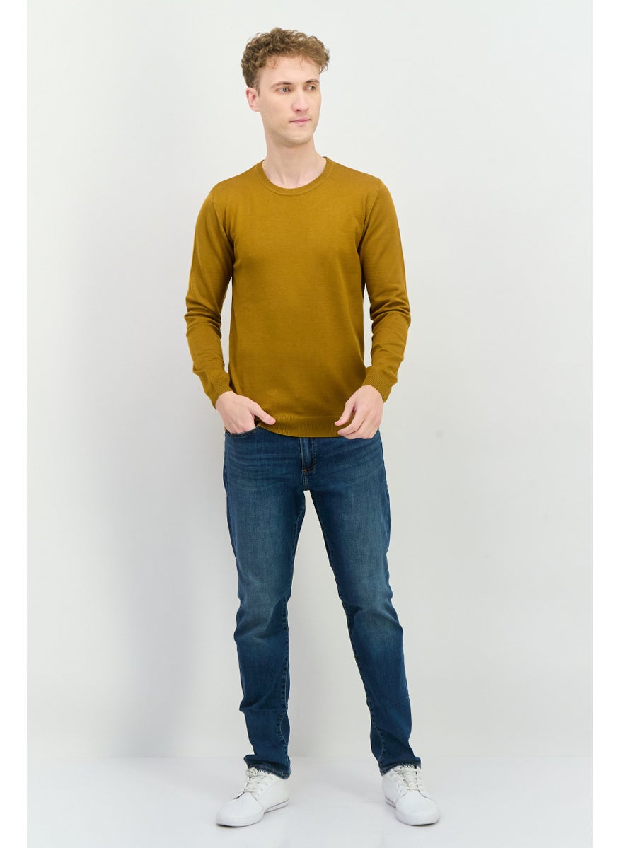 Men Crew Neck Long Sleeves Knitted Sweater, Dark Tan