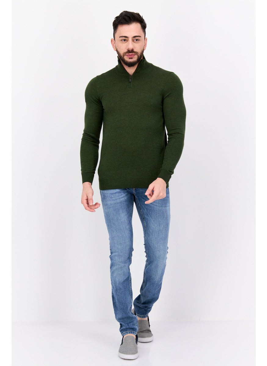 Men High Neck Textured Long Sleeves Sweater, Olive