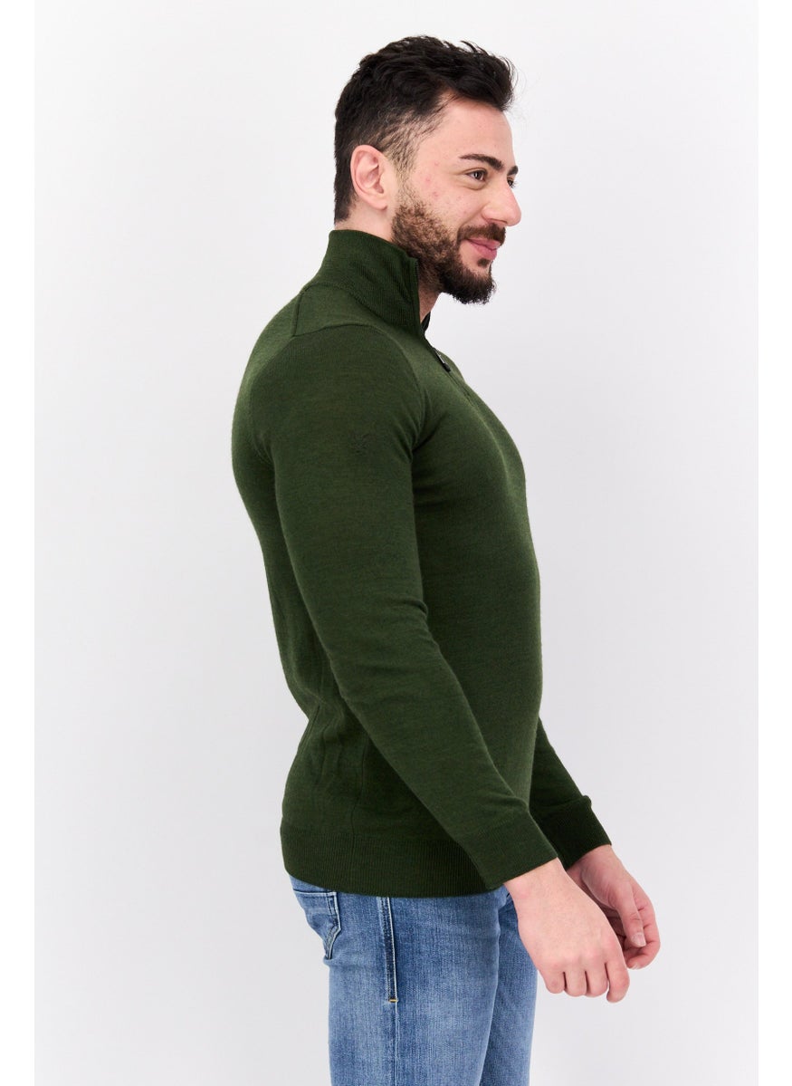 Men High Neck Textured Long Sleeves Sweater, Olive