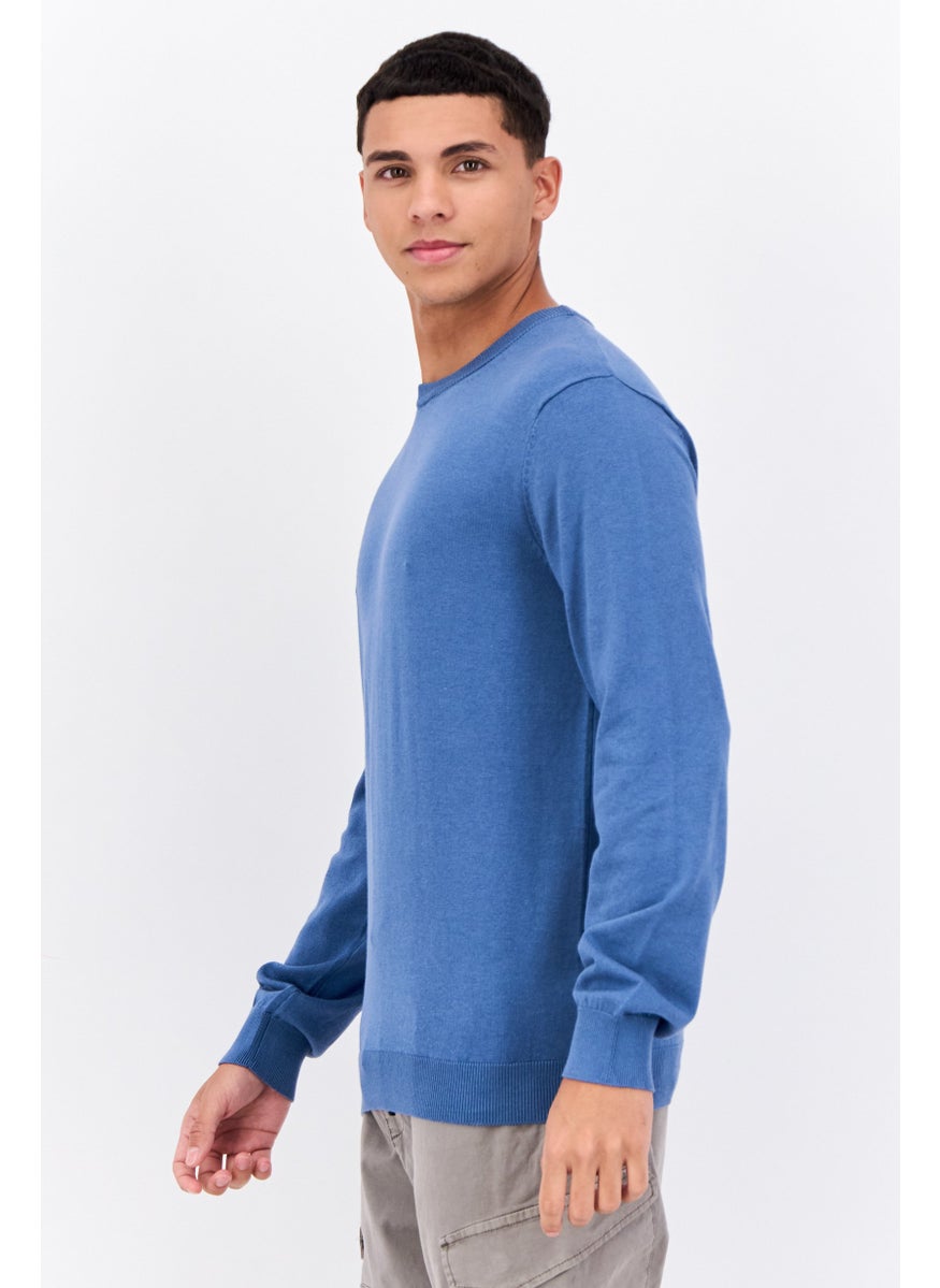 Men Crew Neck Knitted Sweater, Blue