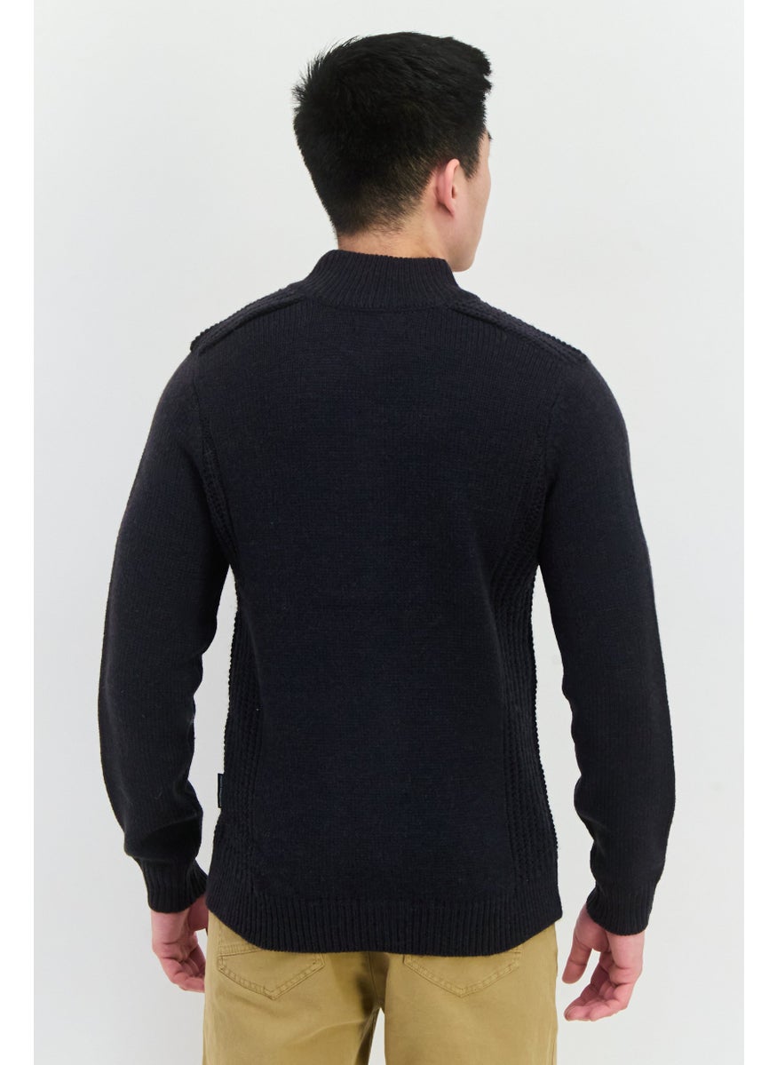 Men Mock Neck Crochet Sweater, Navy