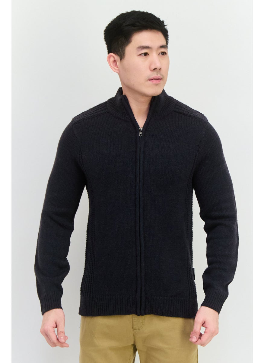 Men Mock Neck Crochet Sweater, Navy