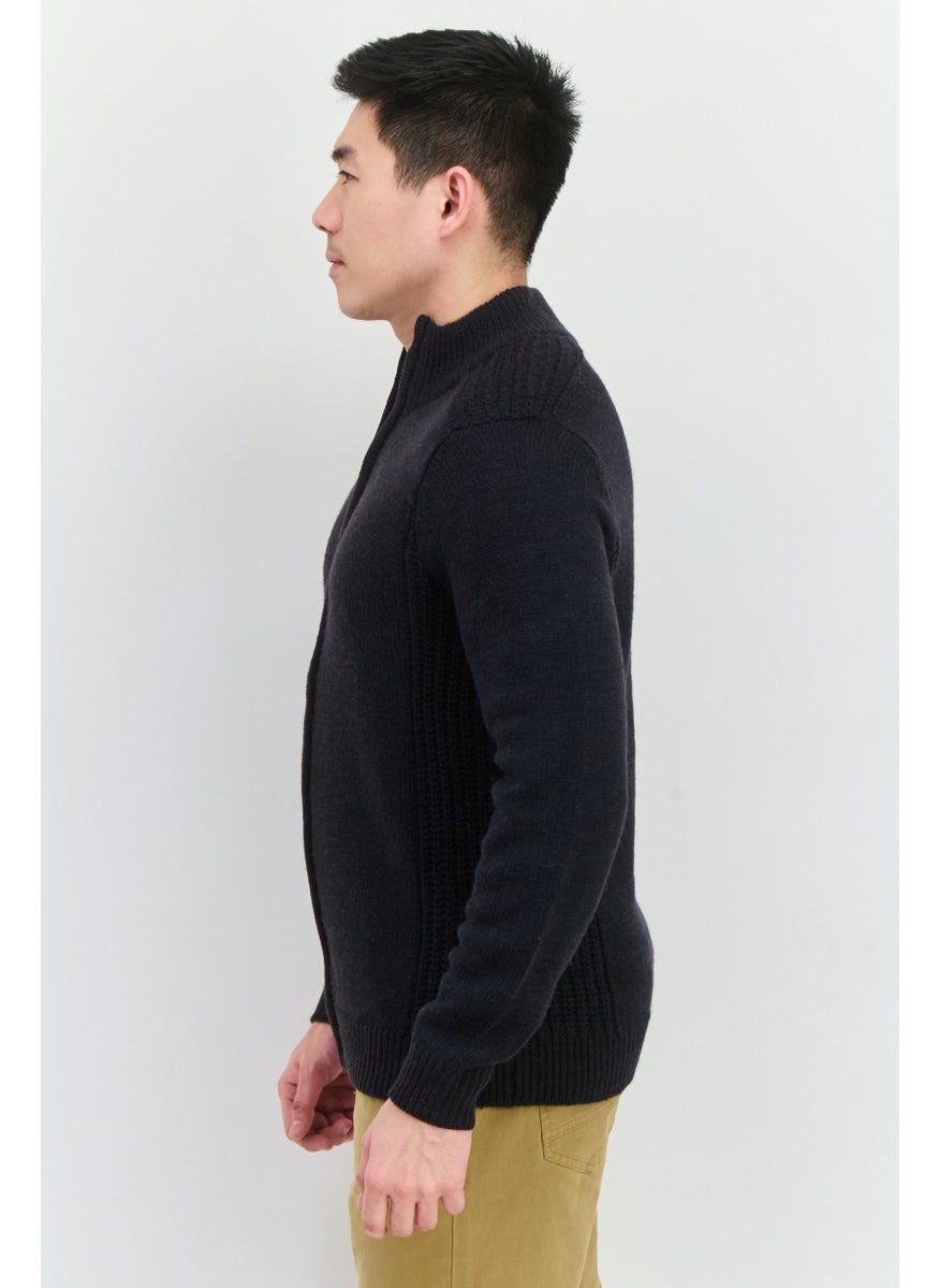 Men Mock Neck Crochet Sweater, Navy