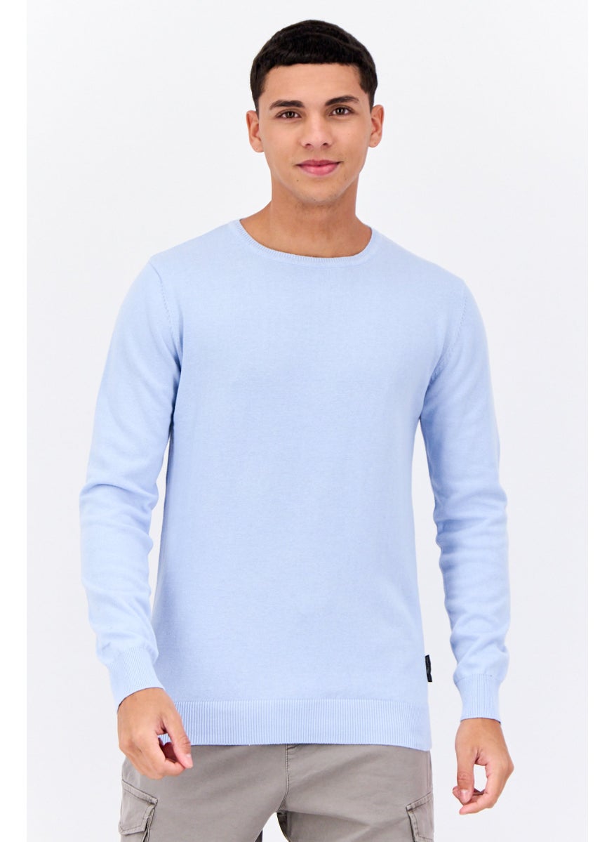 Men Crew Neck Knitted Sweater, Light Blue