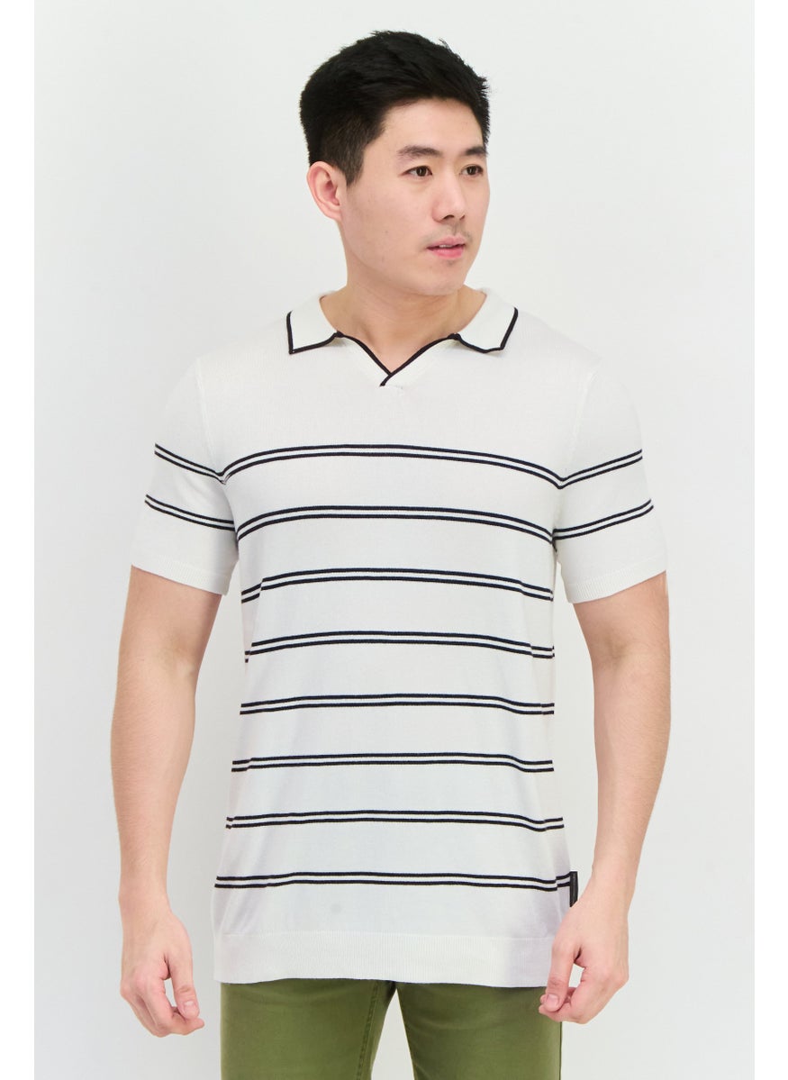 Men Spread Collar Short Sleeve Stripe Sweater, White