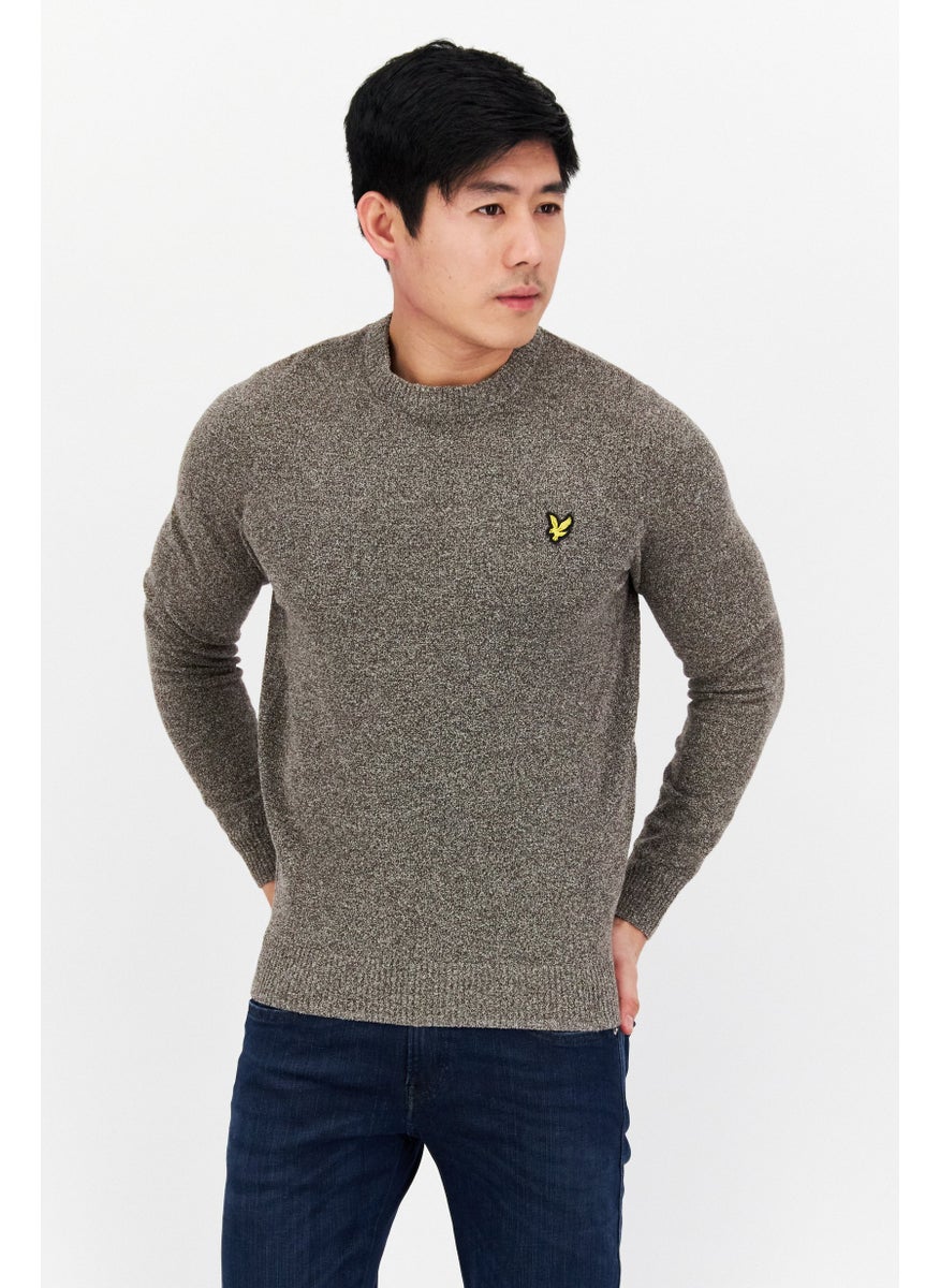 Men Crew Neck Embroidered Logo Knitted Sweater, Charcoal
