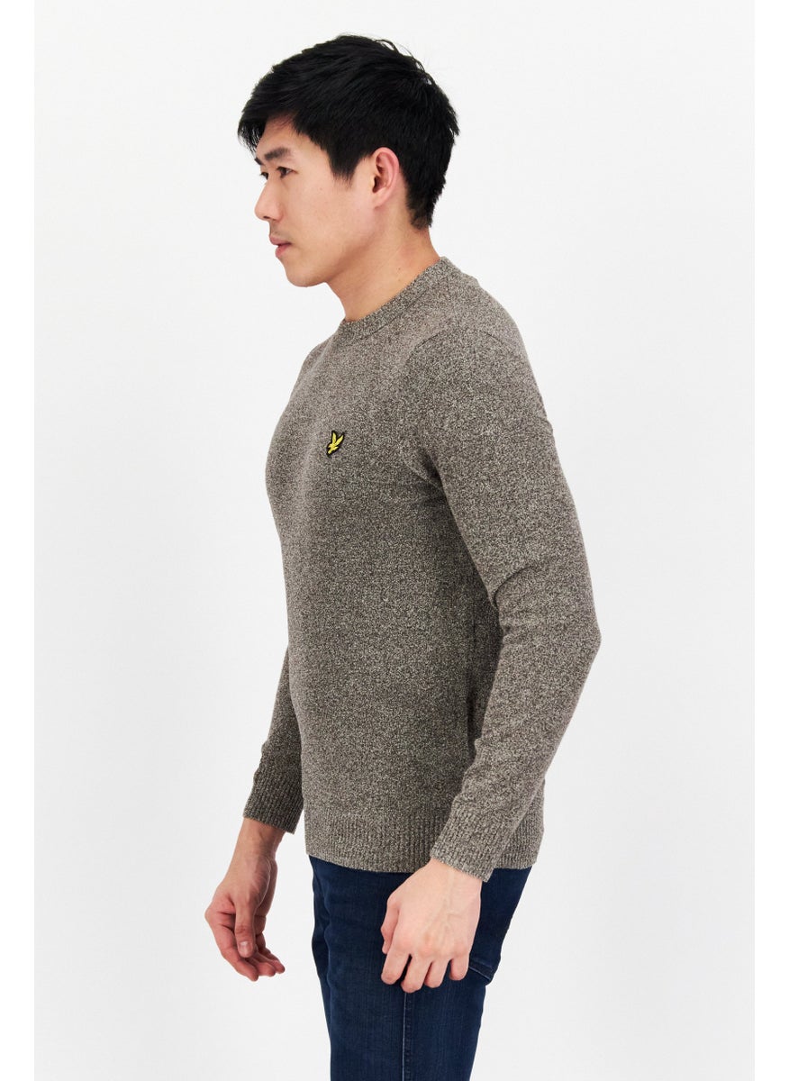 Men Crew Neck Embroidered Logo Knitted Sweater, Charcoal