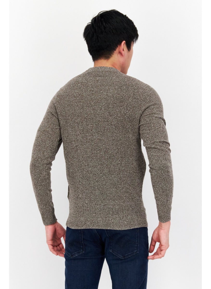 Men Crew Neck Embroidered Logo Knitted Sweater, Charcoal
