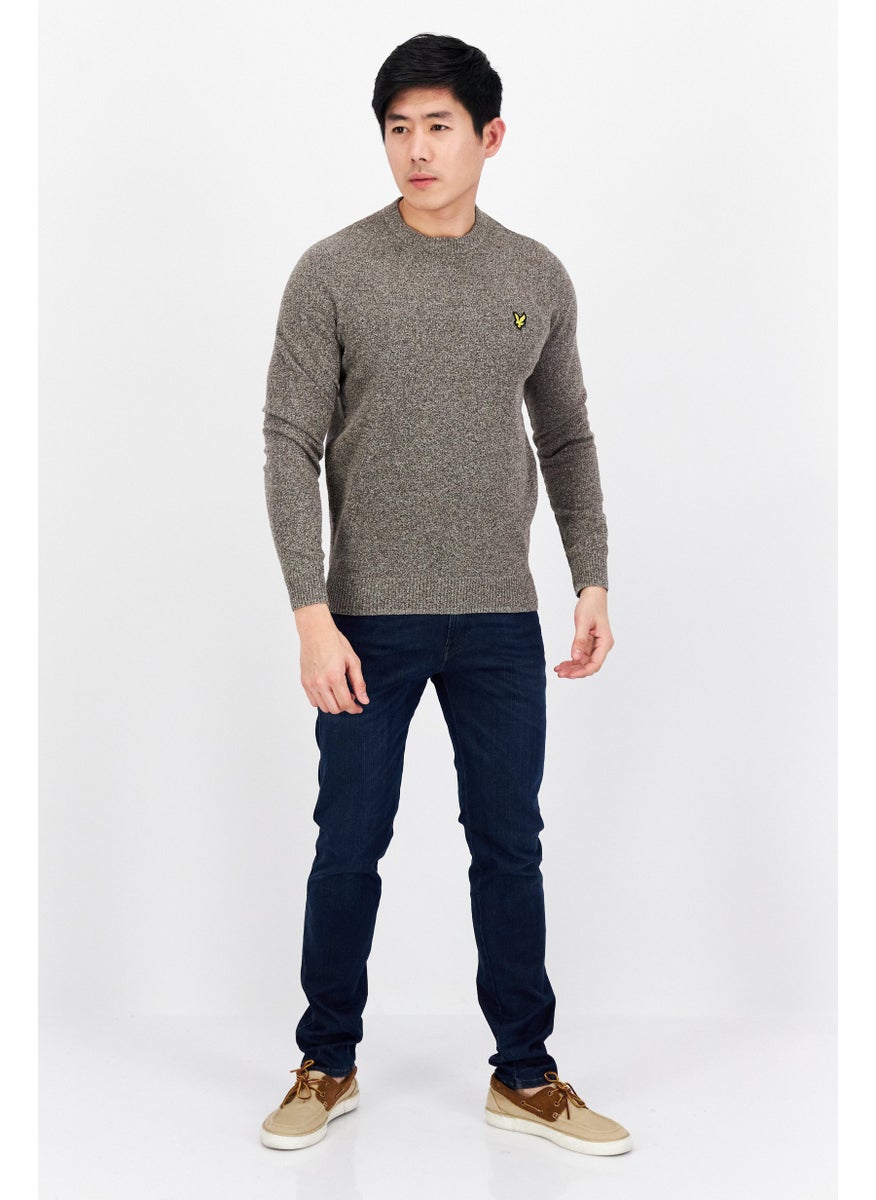 Men Crew Neck Embroidered Logo Knitted Sweater, Charcoal