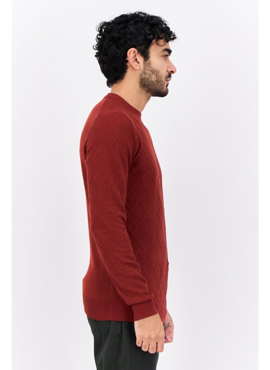 Men Crew Neck Textured Sweater, Rust Brown