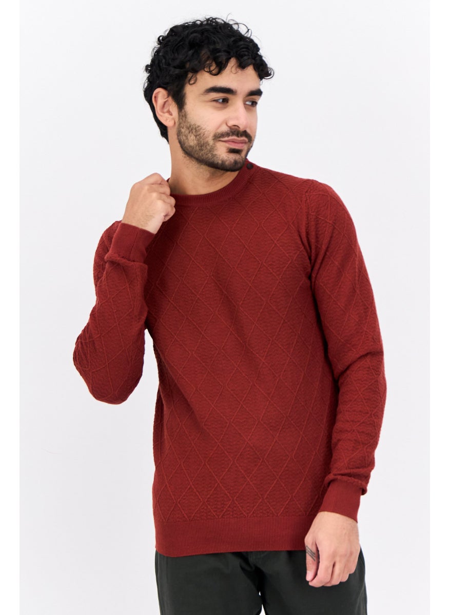 Men Crew Neck Textured Sweater, Rust Brown