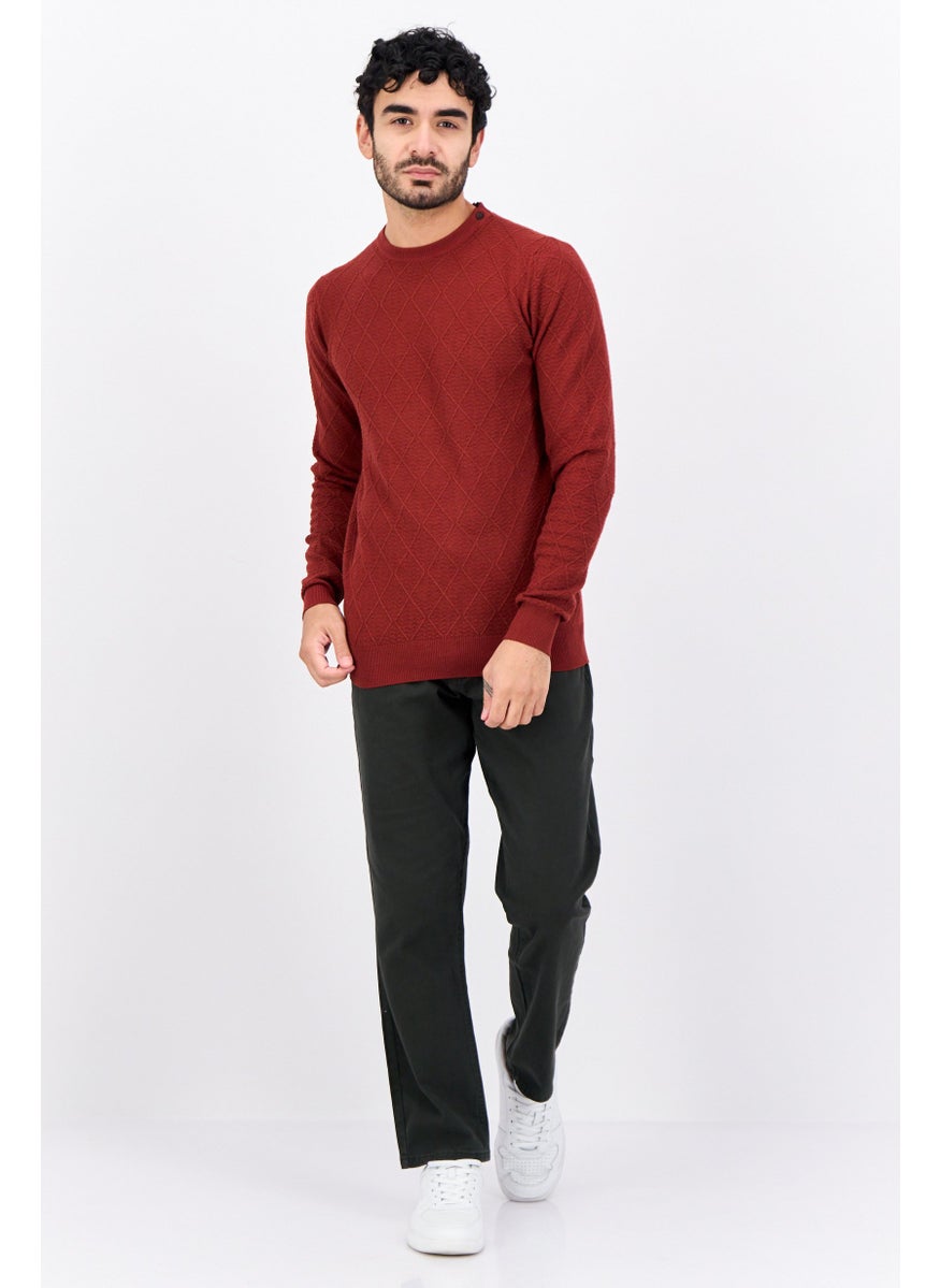 Men Crew Neck Textured Sweater, Rust Brown