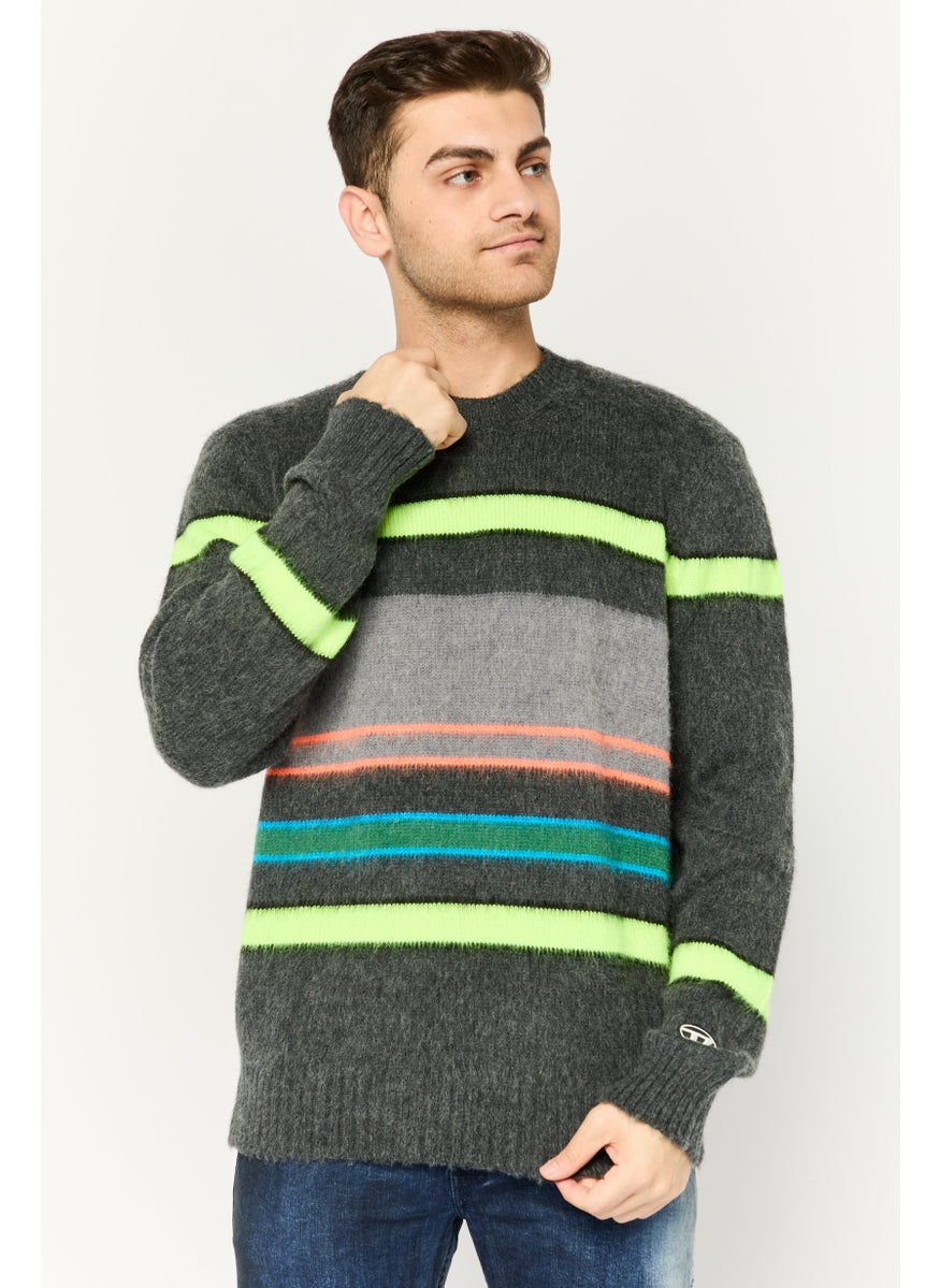 Men Crew Neck Stripe Sweater, Grey Combo