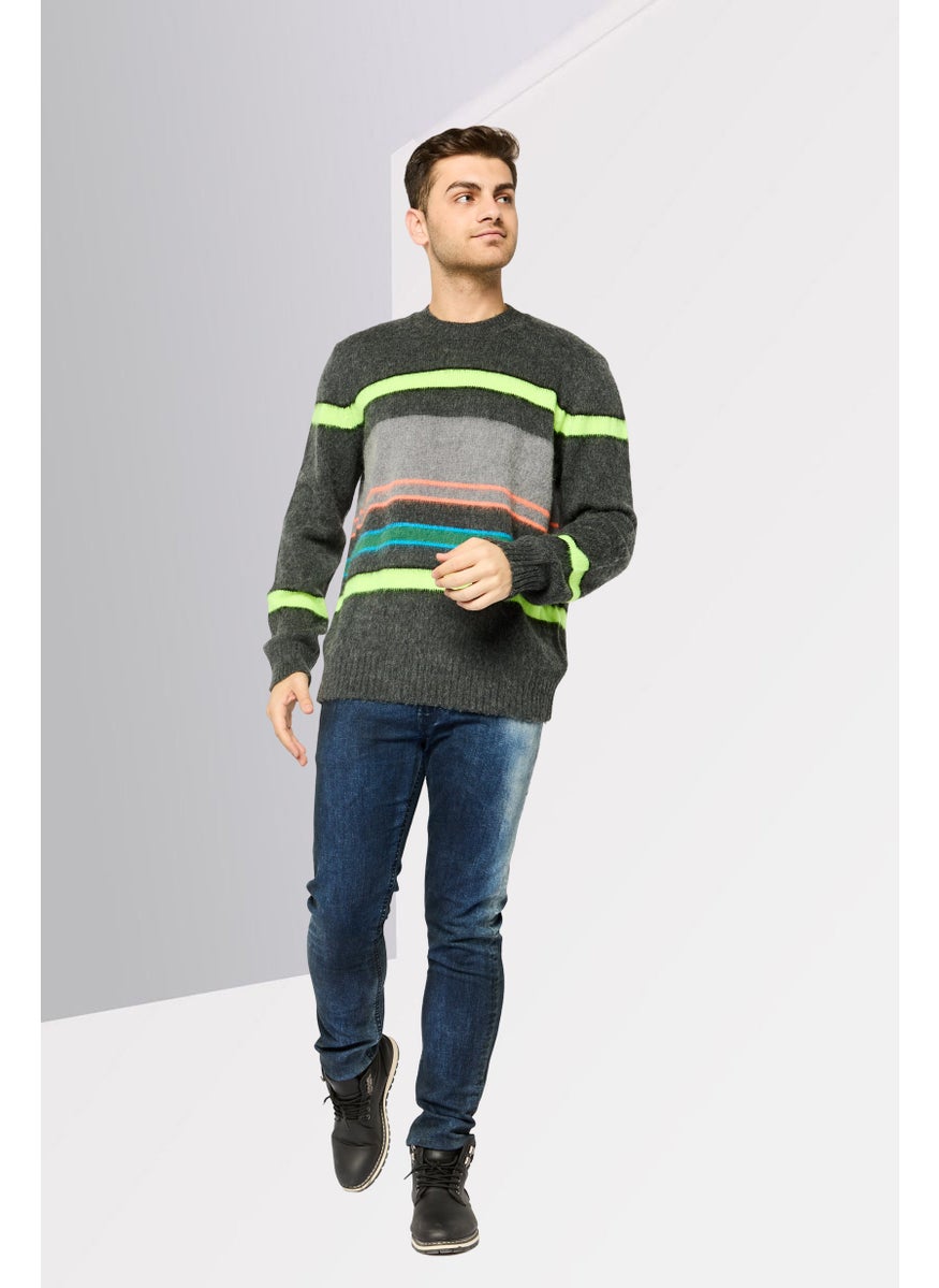 Men Crew Neck Stripe Sweater, Multicolor