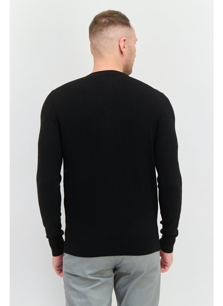 Men Crew Neck Textured Sweater, Black