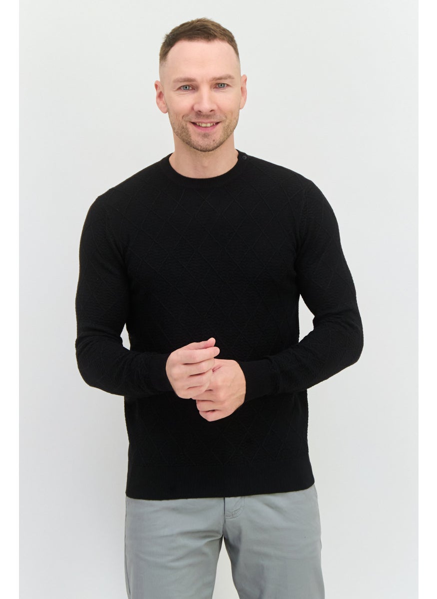 Men Crew Neck Textured Sweater, Black