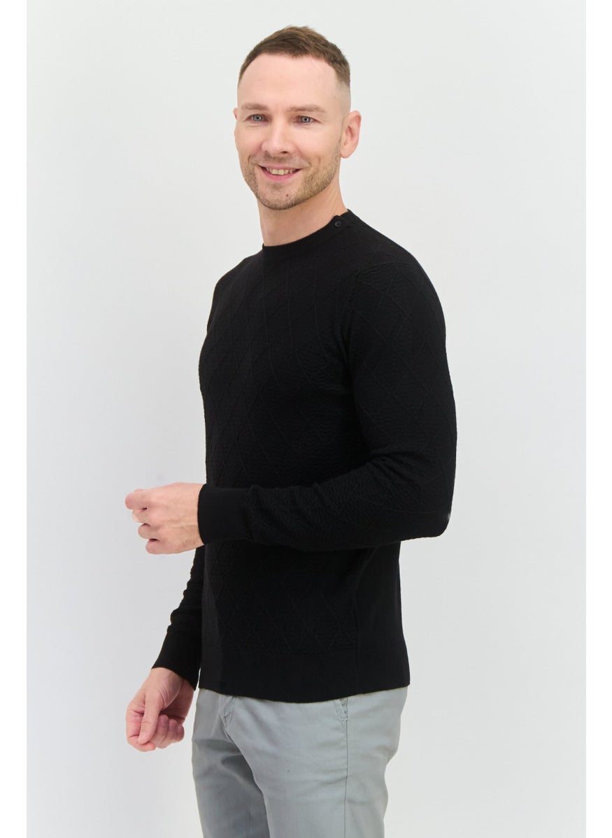 Men Crew Neck Textured Sweater, Black