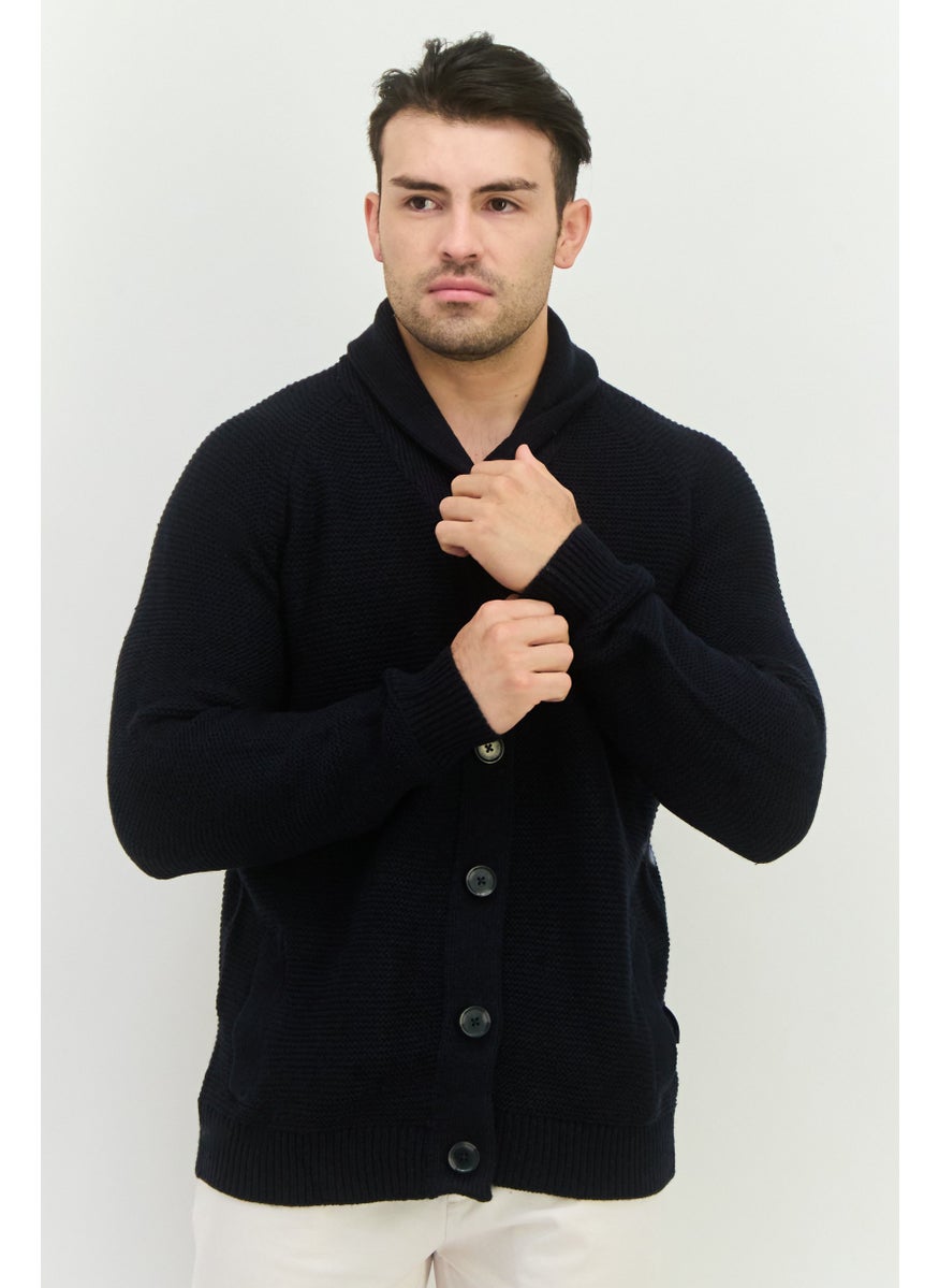 Men V-Neck Crochet Cardigan, Navy