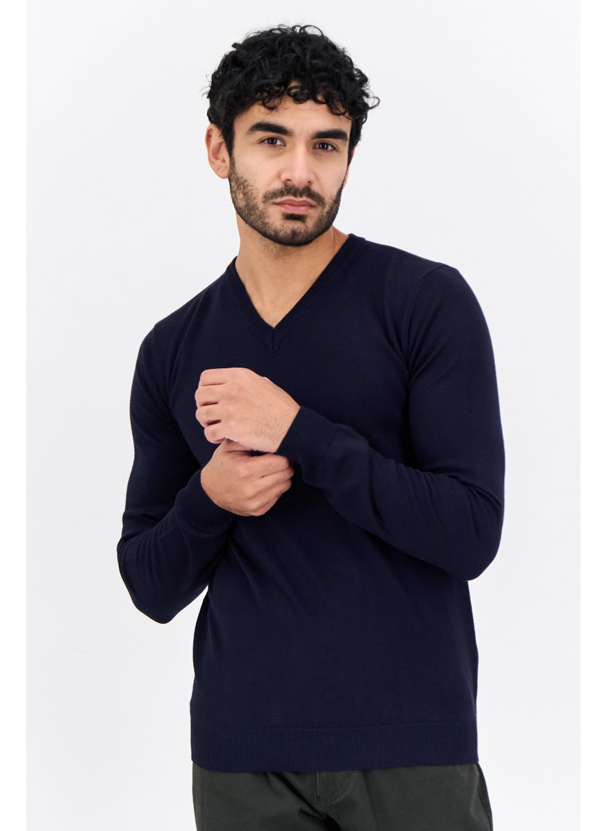 Men V-Neck Plain Knitted Sweater, Navy