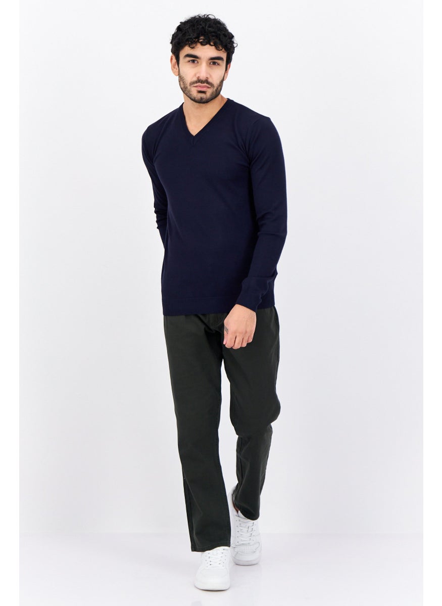 Men V-Neck Plain Knitted Sweater, Navy