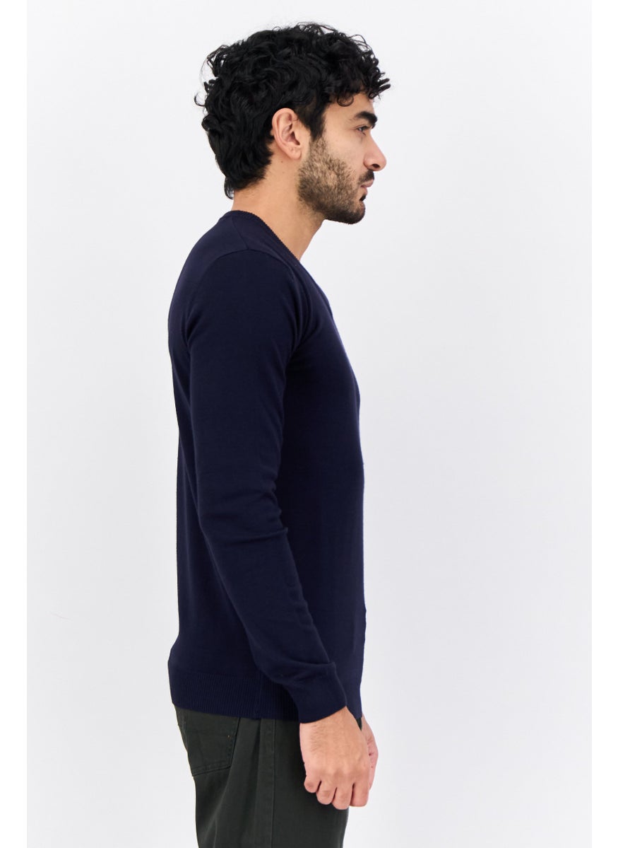 Men V-Neck Plain Knitted Sweater, Navy