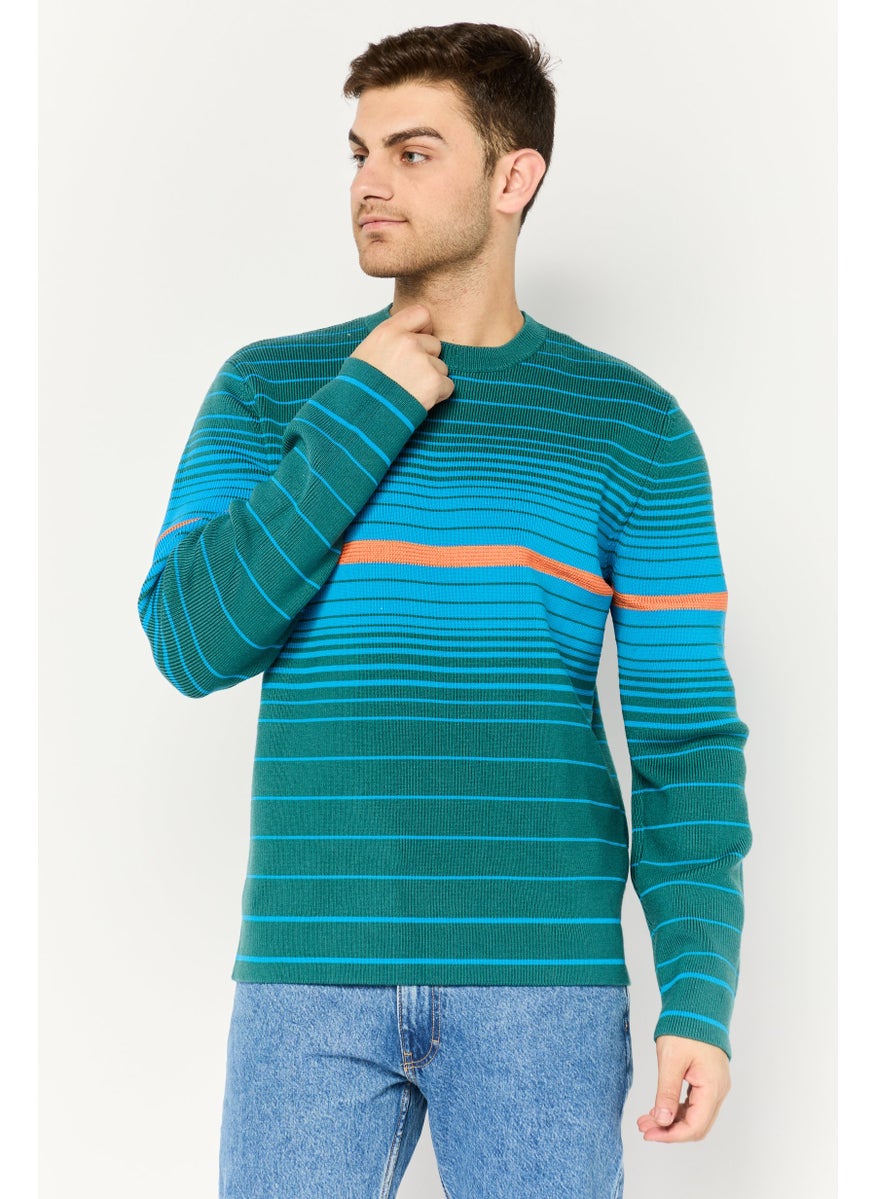 Men Crew Neck Long Sleeves Stripe Sweater, Blue