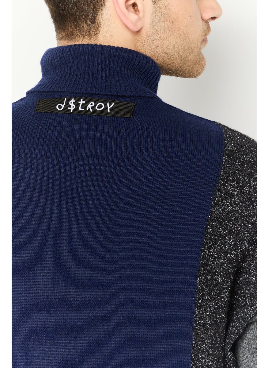 Men High Neck Long Sleeve Textured Sweater, Navy Combo